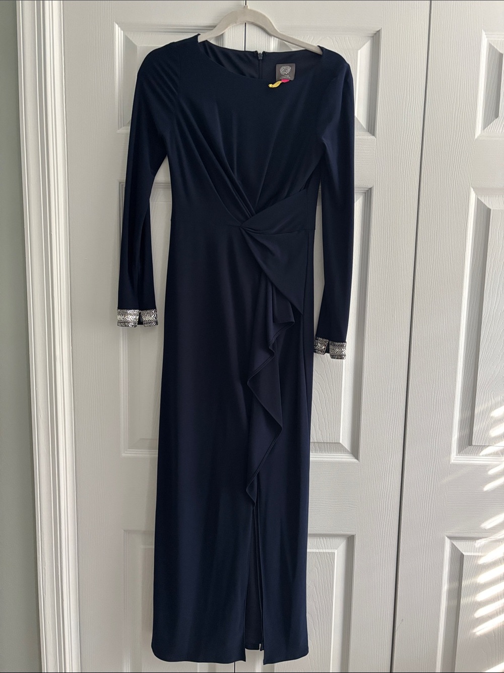 Vince Camuto Navy Long-Sleeve Twist Front Ruffle Dress with Silver Cuffs